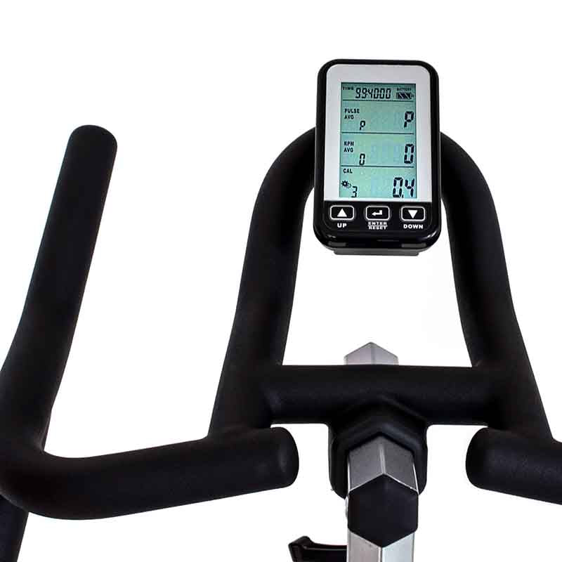 Close-up of a cycling bike's handlebar with a digital display on a white background