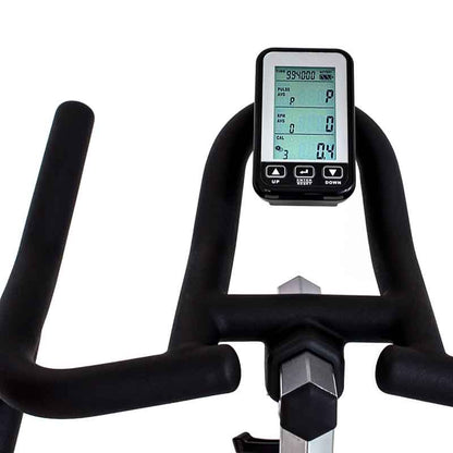 Close-up of a cycling bike's handlebar with a digital display on a white background