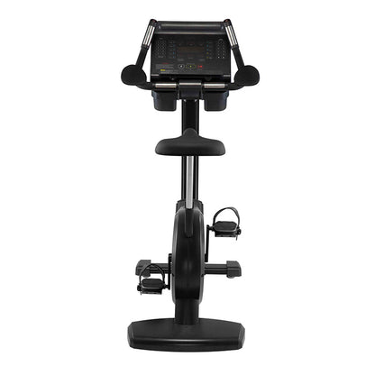 Gym Gear C97 Upright exercise bike n black from a back view with digital display on a white background