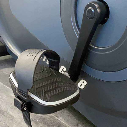 Close-up of a black step plate on the Gym gear C98s Upright exercise Bike