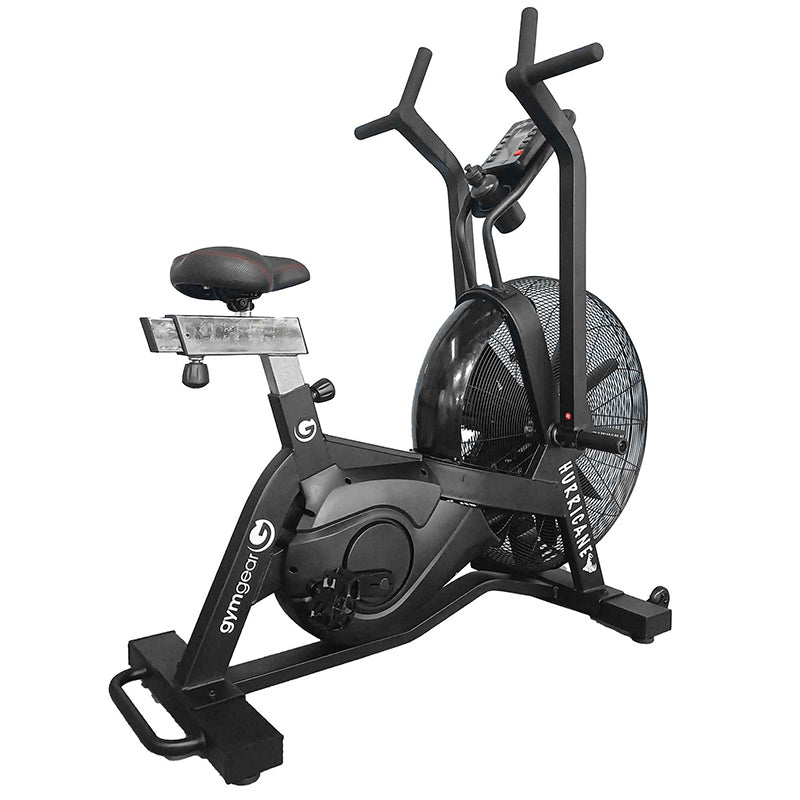 Gym Gear Hurricane Air Bike exercise bike in black, full view from a back angle to the right on a white background