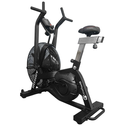 Gym Gear Hurricane Air Bike exercise bike in black, full view from a back angle to the left on a white background