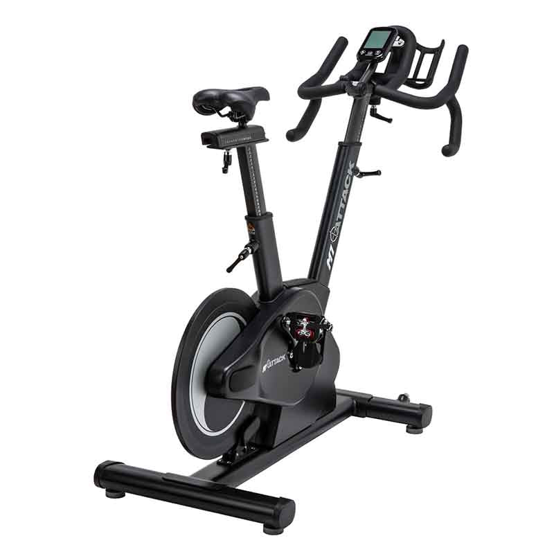 Attack Fitness Spin Attack M1 Indoor Cycle exercise bike in Black, from a back view on a white background