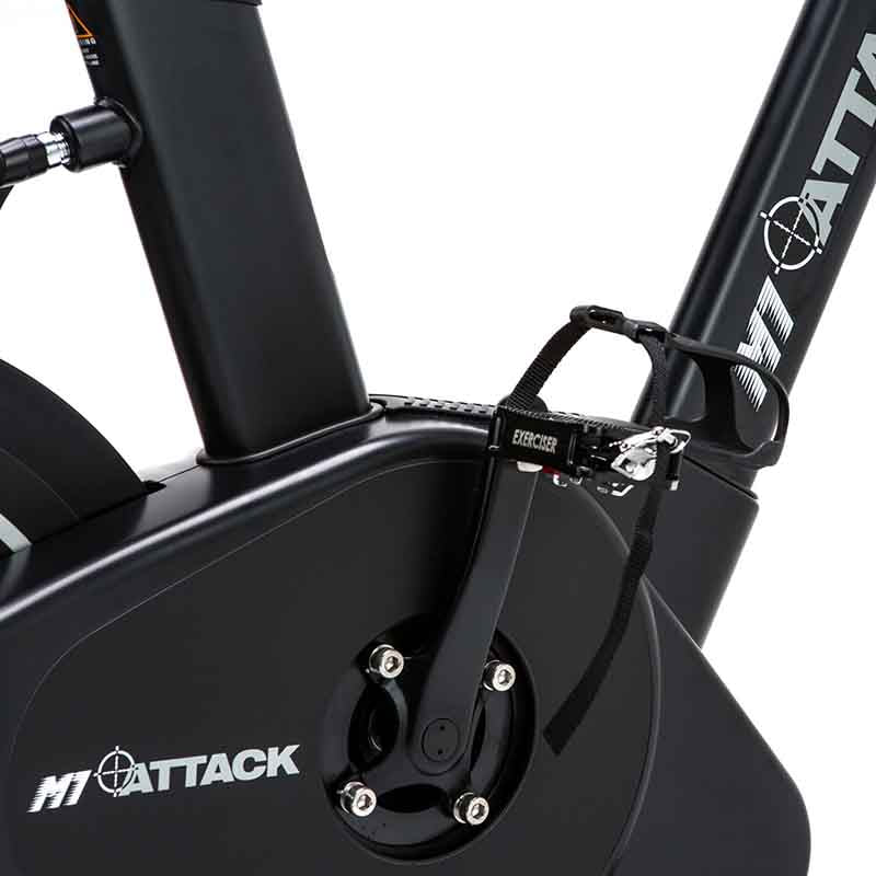 Attack Fitness Spin Attack M1 Indoor Cycle exercise bike in Black, Close-up of a stationary bike pedals 