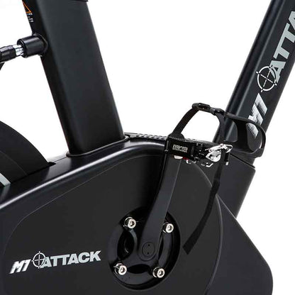Attack Fitness Spin Attack M1 Indoor Cycle exercise bike in Black, Close-up of a stationary bike pedals 