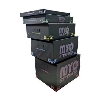 Stack of MYO Strength boxes with varying dimensions on a white background