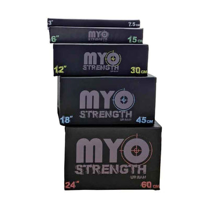 Stack of MYO Strength Soft Plyometric Platform Box Set from a front view, on a white background