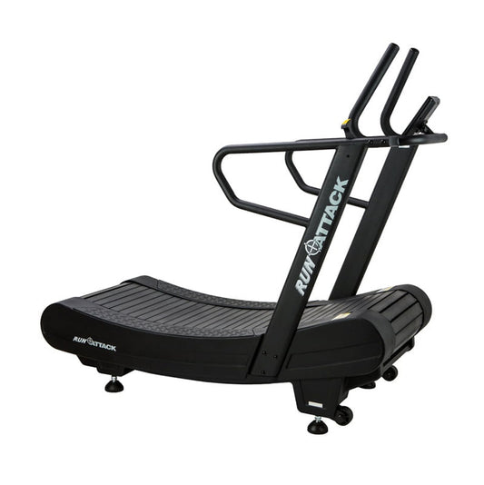Attack fitness in curved treadmill in black with branding from a side view on a white background