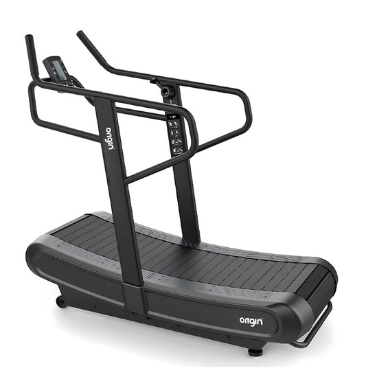 Origin Storm Curved Treadmill Black treadmill with 'Origin' branding, Full view of the product on a white background