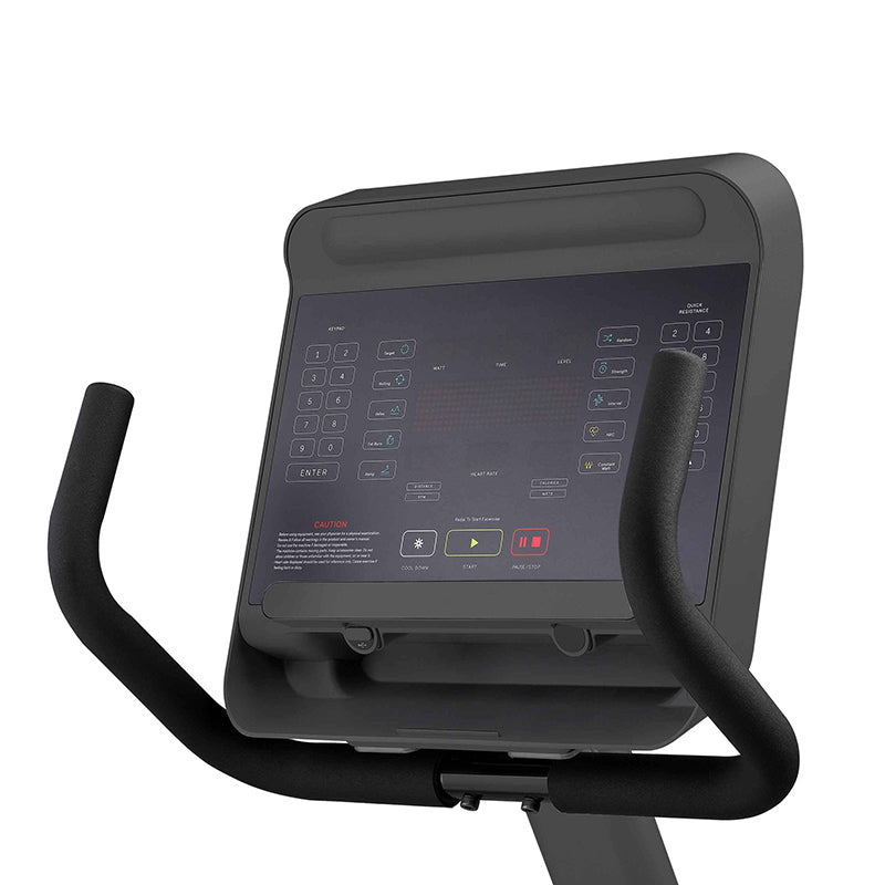 Close-up of a Gym Gear R97 Recumbent Bike console with control buttons on a white background