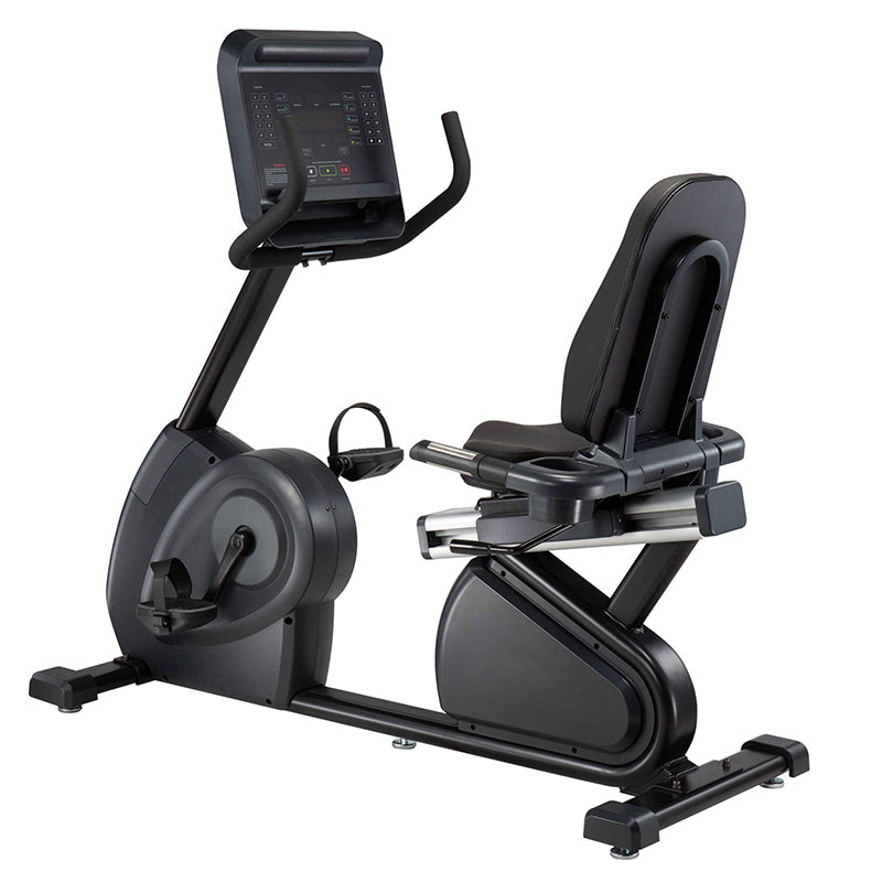 Gym Gear R97 Recumbent Bike in black with digital display on white background