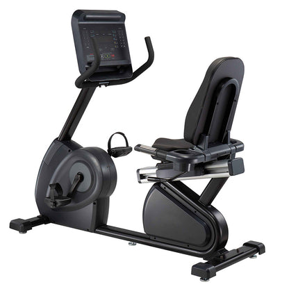 Gym Gear R97 Recumbent Bike in black with digital display on white background