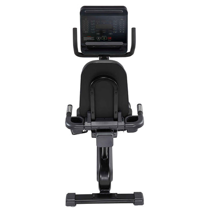 Gym Gear R97 Recumbent Bike in black with digital display and view from the back on white background