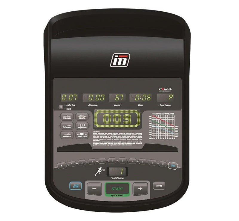 Impulse RU700 Upright exercise Bike. Close up of the console with digital display on a white background