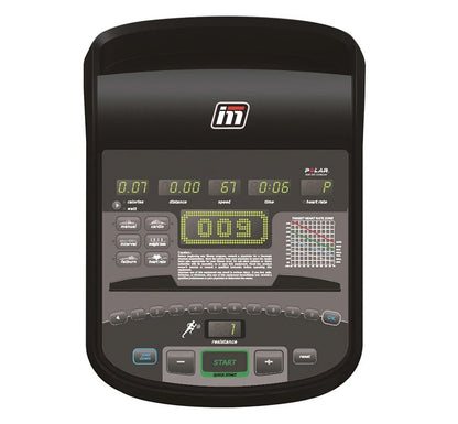 Impulse RU700 Upright exercise Bike. Close up of the console with digital display on a white background