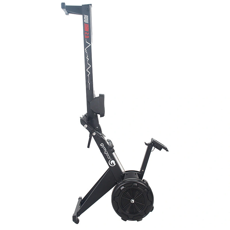 Gym gear Row Max 2.0 rowing machine with digital display in black from an upright position on a white background