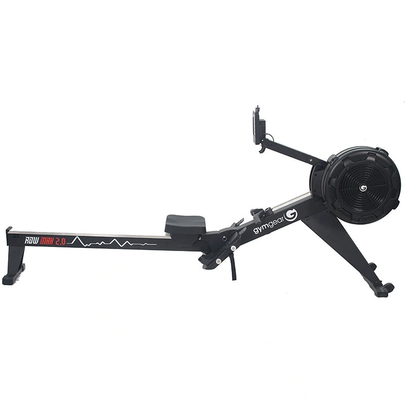 Gym gear Row Max 2.0 rowing machine with digital display in black from a side view on a white background