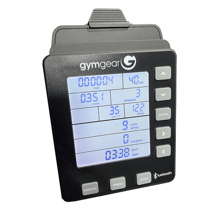 Close-up of the  digital display of the Gym gear Row Max 2.0 rowing machine on a white background