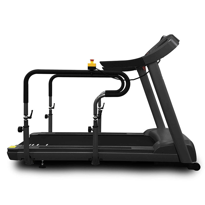 Gym Gear T95 Rehabilitation Treadmill in black, view from the side with handlebars on a white background