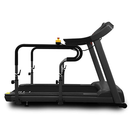 Gym Gear T95 Rehabilitation Treadmill in black, view from the side with handlebars on a white background