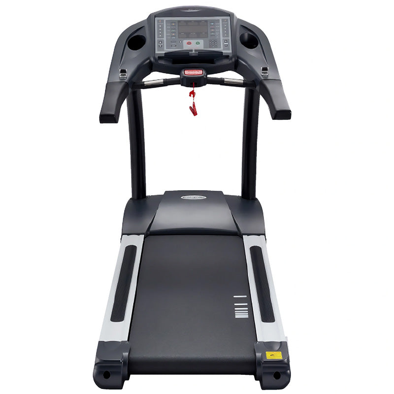 Gym Gear T97 Treadmill in black from a back view point with a digital display on a white background
