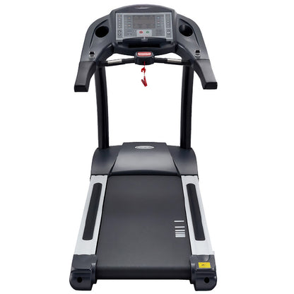 Gym Gear T97 Treadmill in black from a back view point with a digital display on a white background