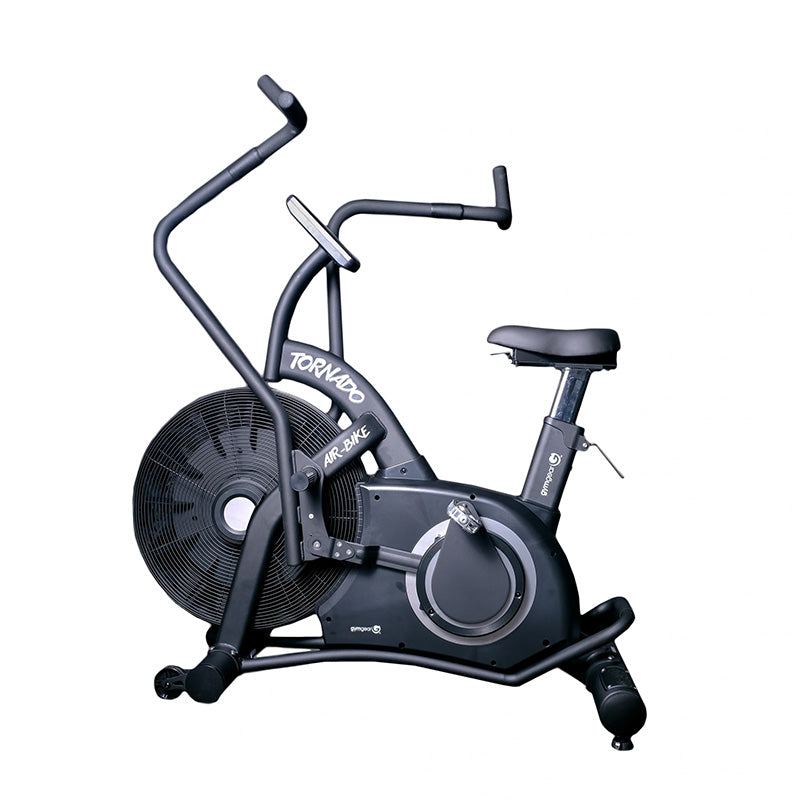 Gym Gear Tornado Airbike exercise bike with fan in black from a side view on a white background