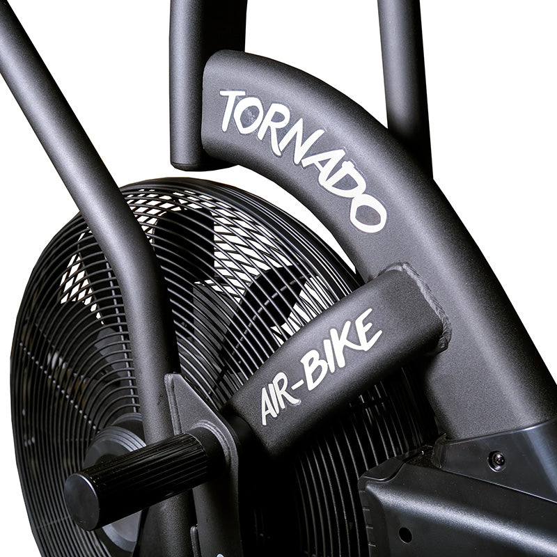 Close-up of the Gym Gear Tornado Airbike exercise bike fan wheel in black on a white background