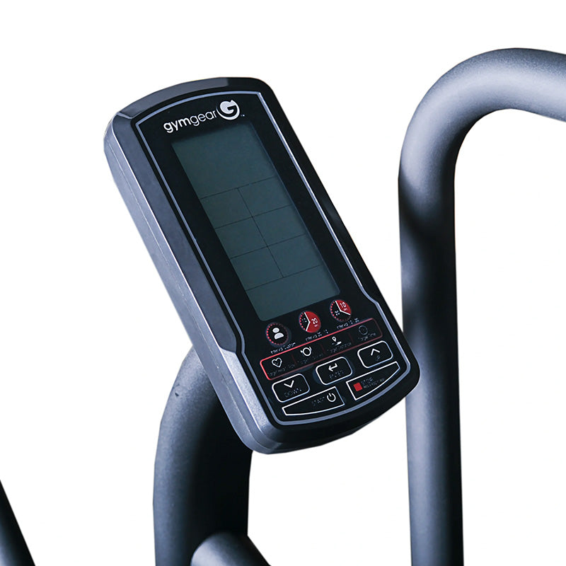 Close-up of the digital display on the Gym Gear Tornado Airbike exercise bike in black