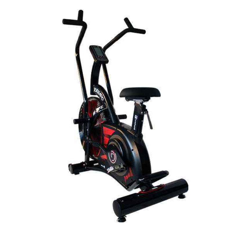 Black and red Gym Gear Tornado Airbike exercise bike view from the back on a white background
