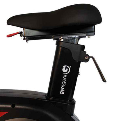 Black exercise bike seat with adjustable mechanism on a white background, featuring the Gymgear logo.