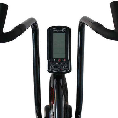 Close-up of a digital display on an exercise bike with black handles.