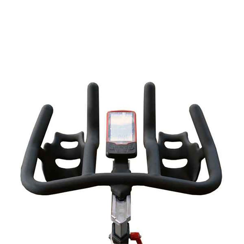 Black bicycle handlebar with a digital display on a white background