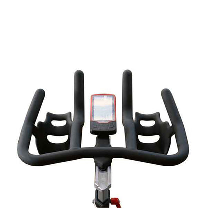 Black bicycle handlebar with a digital display on a white background