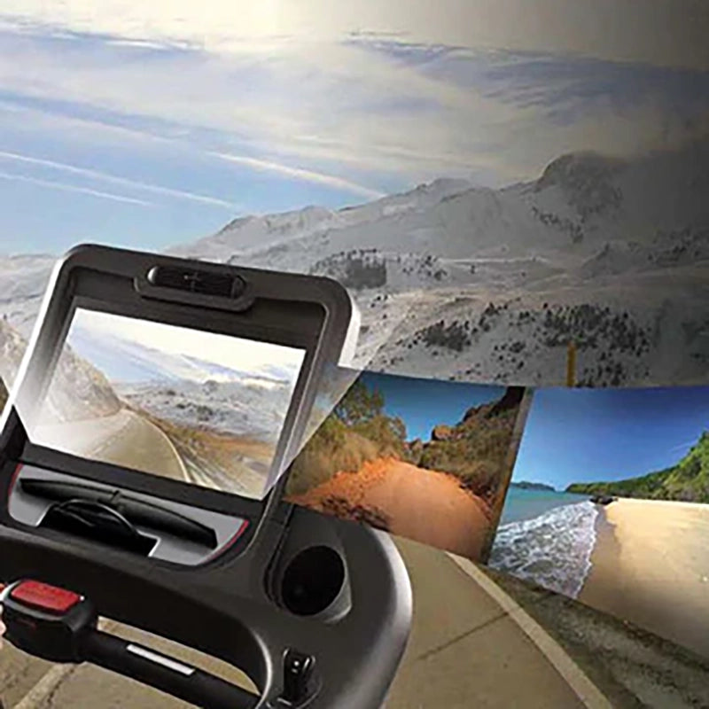 Gym Gear T98e Treadmill device displaying various landscapes.