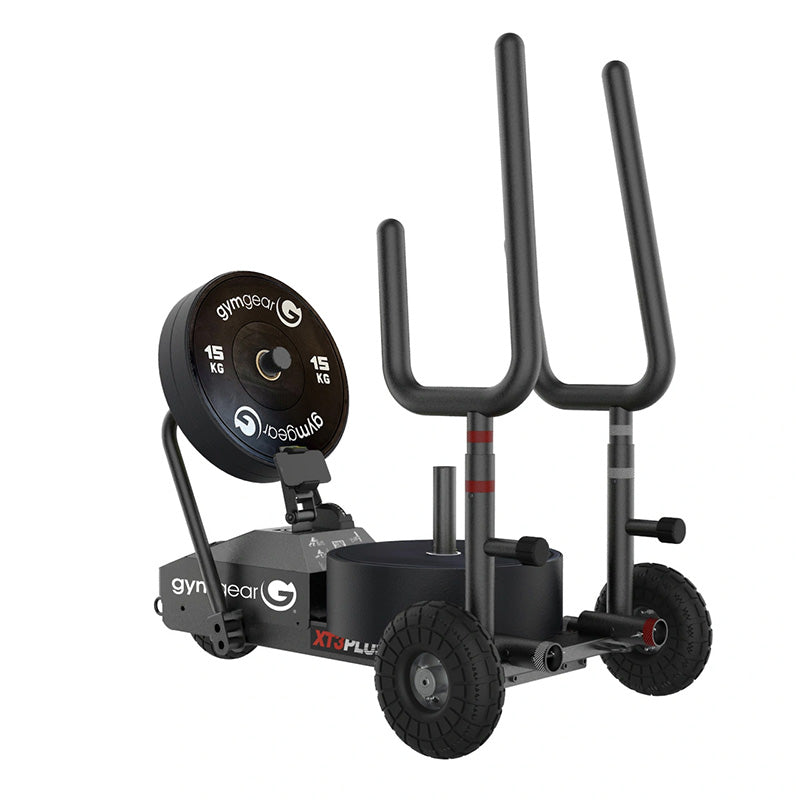 Gym Gear XT3 Plus Sled V2 power sled with the weight plates on in black on a white background