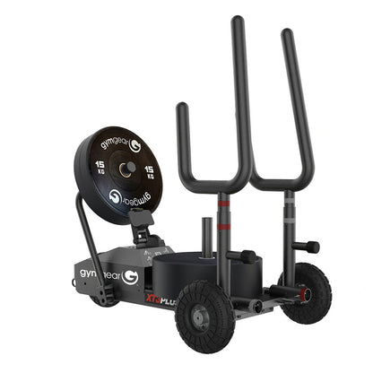 Gym Gear XT3 Plus Sled V2 power sled with the weight plates on in black on a white background