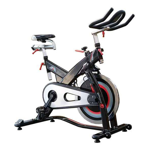 Gym Gear Sport Indoor Cycle exercise bike in black with red accents  on a white background