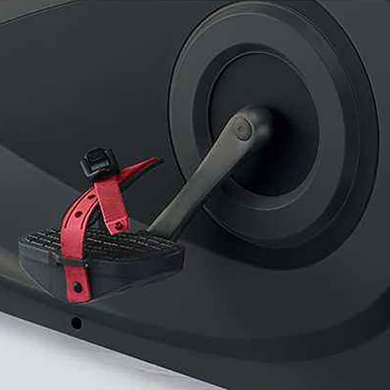 Close-up of the foot pedals with a red strap attached to the Gym Gear C98e Upright exercise Bike
